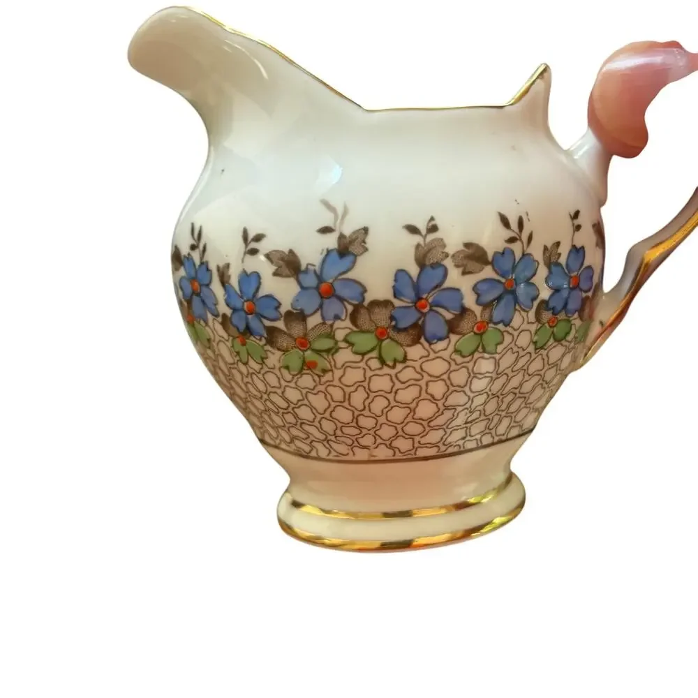 Vintage Tuscan bone china creamer & sugar bowl set blue green floral gold trim